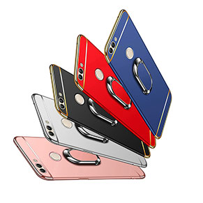 Handyhülle Hülle Luxus Metall Rahmen und Kunststoff Schutzhülle Tasche mit Fingerring Ständer und Lanyard für Huawei Y9 (2018) Rosegold