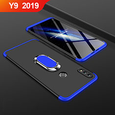 Handyhülle Hülle Kunststoff Schutzhülle Tasche Matt Vorder und Rückseite 360 Grad mit Fingerring Ständer für Huawei Y9 (2019) Blau und Schwarz