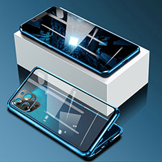 Handyhülle Hülle Luxus Aluminium Metall Rahmen Spiegel 360 Grad Ganzkörper Tasche für Apple iPhone 13 Pro Blau