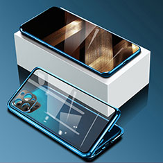 Handyhülle Hülle Luxus Aluminium Metall Rahmen Spiegel 360 Grad Ganzkörper Tasche für Apple iPhone 14 Pro Blau