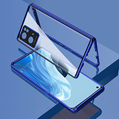 Handyhülle Hülle Luxus Aluminium Metall Rahmen Spiegel 360 Grad Ganzkörper Tasche für Oppo Reno7 Pro 5G Blau