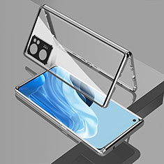 Handyhülle Hülle Luxus Aluminium Metall Rahmen Spiegel 360 Grad Ganzkörper Tasche für Oppo Reno7 SE 5G Silber