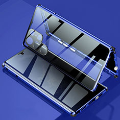 Handyhülle Hülle Luxus Aluminium Metall Rahmen Spiegel 360 Grad Ganzkörper Tasche für Samsung Galaxy S22 Ultra 5G Blau