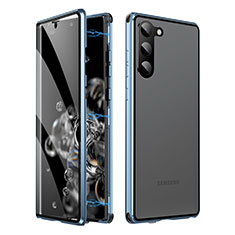 Handyhülle Hülle Luxus Aluminium Metall Rahmen Spiegel 360 Grad Ganzkörper Tasche LK1 für Samsung Galaxy S22 5G Blau