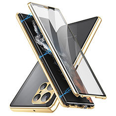 Handyhülle Hülle Luxus Aluminium Metall Rahmen Spiegel 360 Grad Ganzkörper Tasche LK2 für Samsung Galaxy S22 Ultra 5G Gold