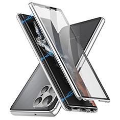 Handyhülle Hülle Luxus Aluminium Metall Rahmen Spiegel 360 Grad Ganzkörper Tasche LK2 für Samsung Galaxy S23 Ultra 5G Silber