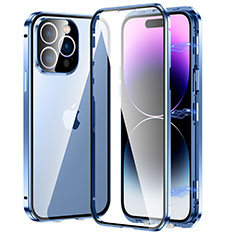Handyhülle Hülle Luxus Aluminium Metall Rahmen Spiegel 360 Grad Ganzkörper Tasche LO1 für Apple iPhone 14 Pro Blau