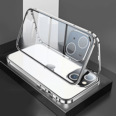 Handyhülle Hülle Luxus Aluminium Metall Rahmen Spiegel 360 Grad Ganzkörper Tasche M01 für Apple iPhone 14 Plus Silber