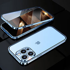 Handyhülle Hülle Luxus Aluminium Metall Rahmen Spiegel 360 Grad Ganzkörper Tasche M01 für Apple iPhone 14 Pro Blau