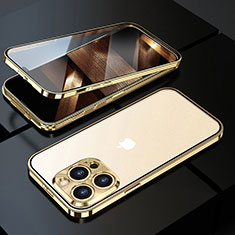 Handyhülle Hülle Luxus Aluminium Metall Rahmen Spiegel 360 Grad Ganzkörper Tasche M01 für Apple iPhone 14 Pro Gold