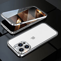 Handyhülle Hülle Luxus Aluminium Metall Rahmen Spiegel 360 Grad Ganzkörper Tasche M01 für Apple iPhone 14 Pro Silber