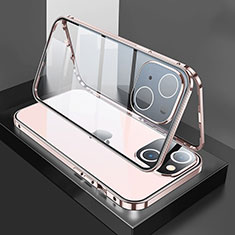 Handyhülle Hülle Luxus Aluminium Metall Rahmen Spiegel 360 Grad Ganzkörper Tasche M01 für Apple iPhone 15 Plus Rosegold
