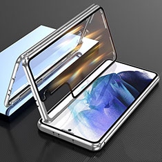 Handyhülle Hülle Luxus Aluminium Metall Rahmen Spiegel 360 Grad Ganzkörper Tasche M01 für Samsung Galaxy S21 5G Silber