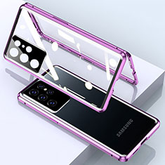 Handyhülle Hülle Luxus Aluminium Metall Rahmen Spiegel 360 Grad Ganzkörper Tasche M01 für Samsung Galaxy S21 Ultra 5G Violett
