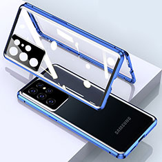 Handyhülle Hülle Luxus Aluminium Metall Rahmen Spiegel 360 Grad Ganzkörper Tasche M01 für Samsung Galaxy S23 Ultra 5G Blau