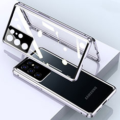 Handyhülle Hülle Luxus Aluminium Metall Rahmen Spiegel 360 Grad Ganzkörper Tasche M01 für Samsung Galaxy S23 Ultra 5G Silber