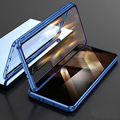 Handyhülle Hülle Luxus Aluminium Metall Rahmen Spiegel 360 Grad Ganzkörper Tasche M01 für Samsung Galaxy S24 5G Blau