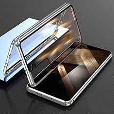 Handyhülle Hülle Luxus Aluminium Metall Rahmen Spiegel 360 Grad Ganzkörper Tasche M01 für Samsung Galaxy S24 Plus 5G Silber