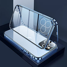 Handyhülle Hülle Luxus Aluminium Metall Rahmen Spiegel 360 Grad Ganzkörper Tasche M02 für Apple iPhone 13 Pro Blau