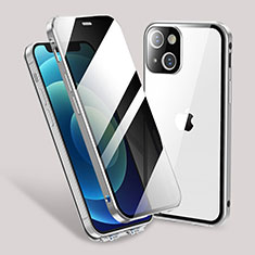 Handyhülle Hülle Luxus Aluminium Metall Rahmen Spiegel 360 Grad Ganzkörper Tasche M02 für Apple iPhone 13 Silber