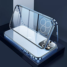 Handyhülle Hülle Luxus Aluminium Metall Rahmen Spiegel 360 Grad Ganzkörper Tasche M02 für Apple iPhone 14 Pro Blau