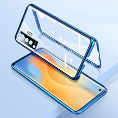 Handyhülle Hülle Luxus Aluminium Metall Rahmen Spiegel 360 Grad Ganzkörper Tasche M02 für Vivo X50 5G Blau