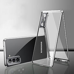 Handyhülle Hülle Luxus Aluminium Metall Rahmen Spiegel 360 Grad Ganzkörper Tasche M03 für Samsung Galaxy S23 5G Silber