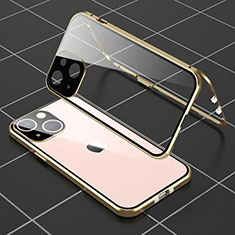 Handyhülle Hülle Luxus Aluminium Metall Rahmen Spiegel 360 Grad Ganzkörper Tasche M04 für Apple iPhone 14 Gold