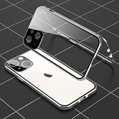 Handyhülle Hülle Luxus Aluminium Metall Rahmen Spiegel 360 Grad Ganzkörper Tasche M04 für Apple iPhone 14 Silber
