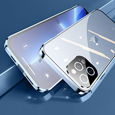 Handyhülle Hülle Luxus Aluminium Metall Rahmen Spiegel 360 Grad Ganzkörper Tasche M05 für Apple iPhone 13 Pro Blau