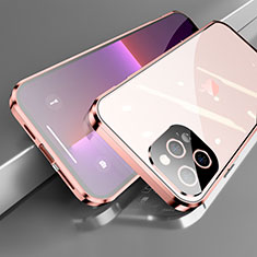 Handyhülle Hülle Luxus Aluminium Metall Rahmen Spiegel 360 Grad Ganzkörper Tasche M05 für Apple iPhone 13 Pro Max Rosegold