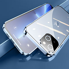 Handyhülle Hülle Luxus Aluminium Metall Rahmen Spiegel 360 Grad Ganzkörper Tasche M05 für Apple iPhone 14 Blau