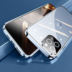 Handyhülle Hülle Luxus Aluminium Metall Rahmen Spiegel 360 Grad Ganzkörper Tasche M05 für Apple iPhone 14 Pro Blau