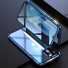 Handyhülle Hülle Luxus Aluminium Metall Rahmen Spiegel 360 Grad Ganzkörper Tasche M08 für Apple iPhone 13 Mini Blau