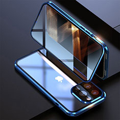 Handyhülle Hülle Luxus Aluminium Metall Rahmen Spiegel 360 Grad Ganzkörper Tasche M08 für Apple iPhone 14 Pro Blau