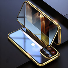 Handyhülle Hülle Luxus Aluminium Metall Rahmen Spiegel 360 Grad Ganzkörper Tasche M08 für Apple iPhone 14 Pro Max Gold