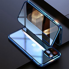Handyhülle Hülle Luxus Aluminium Metall Rahmen Spiegel 360 Grad Ganzkörper Tasche M08 für Apple iPhone 15 Blau