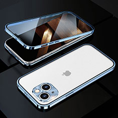 Handyhülle Hülle Luxus Aluminium Metall Rahmen Spiegel 360 Grad Ganzkörper Tasche M10 für Apple iPhone 15 Blau
