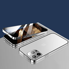 Handyhülle Hülle Luxus Aluminium Metall Rahmen Spiegel 360 Grad Ganzkörper Tasche M10 für Apple iPhone 15 Pro Silber
