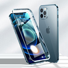 Handyhülle Hülle Luxus Aluminium Metall Rahmen Spiegel 360 Grad Ganzkörper Tasche N01 für Apple iPhone 12 Pro Blau