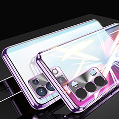 Handyhülle Hülle Luxus Aluminium Metall Rahmen Spiegel 360 Grad Ganzkörper Tasche P01 für Oppo Reno6 Pro 5G Violett
