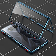 Handyhülle Hülle Luxus Aluminium Metall Rahmen Spiegel 360 Grad Ganzkörper Tasche P01 für Xiaomi Black Shark 4S Pro 5G Blau