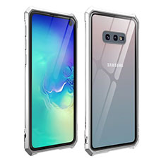 Handyhülle Hülle Luxus Aluminium Metall Rahmen Spiegel 360 Grad Ganzkörper Tasche T01 für Samsung Galaxy S10e Silber