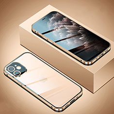 Handyhülle Hülle Luxus Aluminium Metall Rahmen Spiegel 360 Grad Ganzkörper Tasche T02 für Apple iPhone 12 Mini Gold