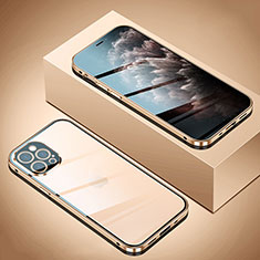 Handyhülle Hülle Luxus Aluminium Metall Rahmen Spiegel 360 Grad Ganzkörper Tasche T02 für Apple iPhone 12 Pro Max Gold