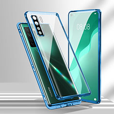 Handyhülle Hülle Luxus Aluminium Metall Rahmen Spiegel 360 Grad Ganzkörper Tasche T02 für Huawei Nova 7 SE 5G Blau