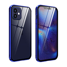 Handyhülle Hülle Luxus Aluminium Metall Rahmen Spiegel 360 Grad Ganzkörper Tasche T04 für Apple iPhone 12 Mini Blau