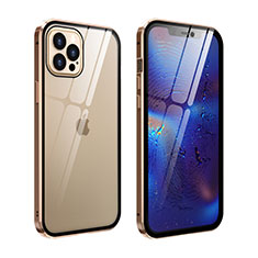 Handyhülle Hülle Luxus Aluminium Metall Rahmen Spiegel 360 Grad Ganzkörper Tasche T04 für Apple iPhone 12 Pro Max Gold