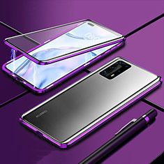 Handyhülle Hülle Luxus Aluminium Metall Rahmen Spiegel 360 Grad Ganzkörper Tasche T04 für Huawei P40 Pro+ Plus Violett