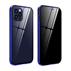 Handyhülle Hülle Luxus Aluminium Metall Rahmen Spiegel 360 Grad Ganzkörper Tasche T05 für Apple iPhone 12 Pro Max Blau